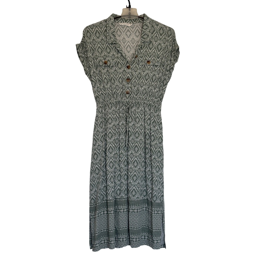 Lucky Brand Green White Geometric Rayon Shirt Dress Midi Pockets M